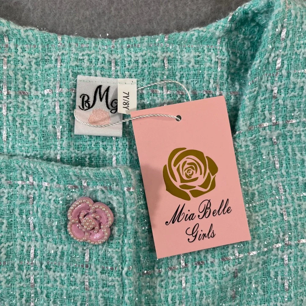 Mia Belle Girls Mint Green Tweed 2 Piece Set Rosette Trim Shorts Jacket Size 7/8